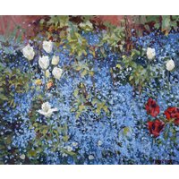 Frank Suplie: Bild 'Vergissmeinnicht, weiße und rote Tulpen' (2020) (Original / Unikat), auf Keilrahmen