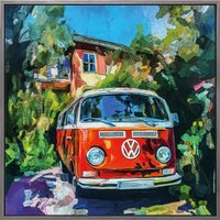 Holger Mühlbauer-Gardemin: Bild 'In den Urlaub mit dem VW Bulli' (2025) (Original / Unikat), gerahmt