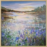 Irina Laube: Bild 'Blue Irises at the Evening Pond' (2024) (Original / Unikat), gerahmt
